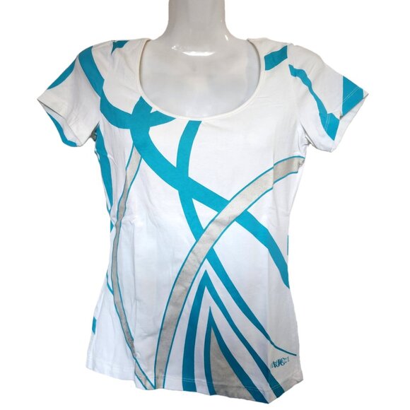 Versace White Cotton Tee with Blue & Gold Abstract Size XS - Picture 1 of 6